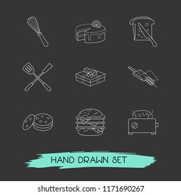 Set of dessert icons line style symbols with cake box, flour, whisk and other icons for your web mobile app logo design.
