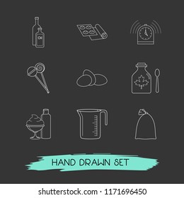 Set of dessert icons line style symbols with baking paper, syrup, eggs and other icons for your web mobile app logo design.