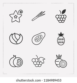 Set of dessert icons line style symbols with papaya, raspberry, beetroot and other icons for your web mobile app logo design.