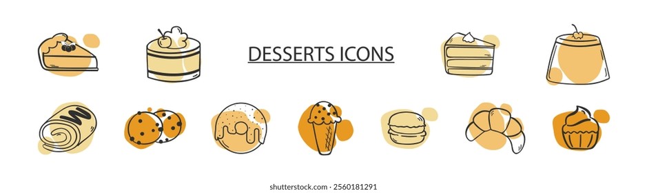 Set of dessert Icons line style. Food dessert. Funny dessert illustration, sweets doodle set, print design.