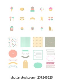 Set of dessert icons, seamless patterns and decor elements.