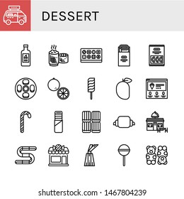 Set of dessert icons such as Fast food, Yogurt, Sticky rice, Chocolate box, Jam, Candy, Cheesecake, Orange, Lollipop, Mango, Ice cream, Candy canes, Pie, Toffee, Croissant , dessert