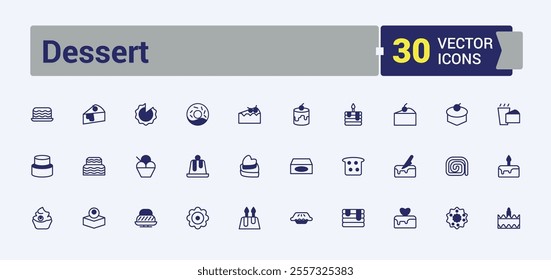 Set of Dessert line icons. It contains symbols to celebrate, bakery, happy, celebration, pastry, food, delicious and more. Outline symbol collection. 