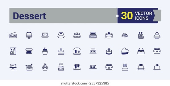 Set of Dessert line icons. It contains symbols to celebrate, bakery, happy, celebration, pastry, food, delicious and more. Outline symbol collection. 