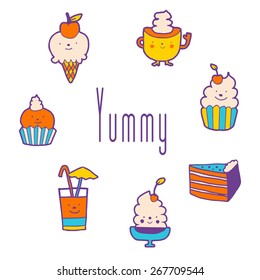 Set of dessert. Lovely confectionery in hand draw style.  Card has space for text "Yummy". Vector eps 10