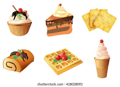 Set of dessert objects isolated on white background - cakes, crackers, roll, wafer, ice cream