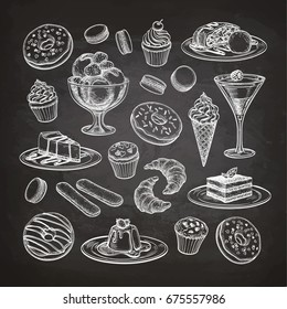  Set of dessert and pastries. Sweets collection. Sketch with chalk on blackboard background. Hand drawn vector illustration. Retro style sketch .