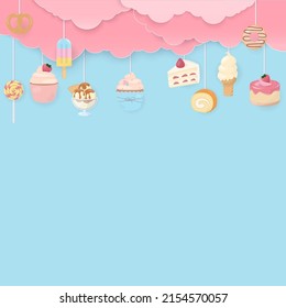 Set of dessert with pink cloud on blue background. Vector illustration
