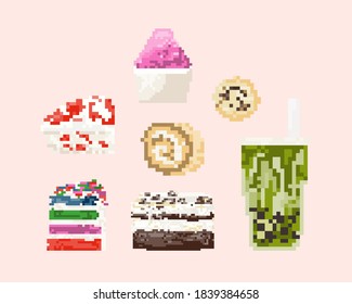 Set of dessert in pixel art. 8 bit art vector illustration.
