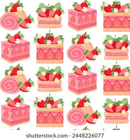 Set of dessert with red strawberries in flat style. Pattern with different strawberry cakes on a transparent background. Seamless pattern for textile, wrapping paper, background.