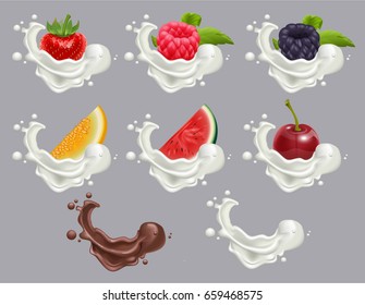 Set dessert of ripe berry fruit and cream. Strawberry, raspberry, cherry, watermelon, melon milk and chocolate. Vector realistic illustration
