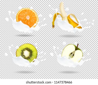 Set dessert of ripe fruit and cream. Banana, orange, kiwi, apple in milk splashes. 
Vector realistic illustration