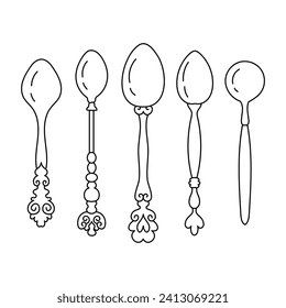 Set of dessert spoons. Various linear icons of spoons. Isolated on a white background. Vector illustration.