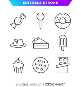 Set of Dessert and Sweet Outline Icon. Candy, Donut, Cake, Chocolate, Cupcake, Biscuit, Pudding, and More. Editable Stroke. Vector Eps 10