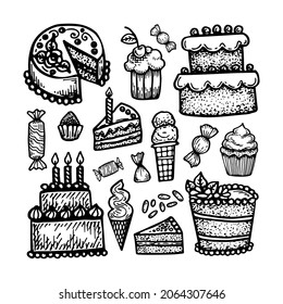 A set of dessert sweets. Birthday cake, cupcake, muffin, candy, ice cream, chocolate, lollipops. Decoration elements for the holiday party. Hand drawn line vector illustration in doodle style.