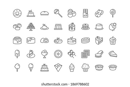 set of dessert thin line icons, sweet, cake, bakery, ice cream