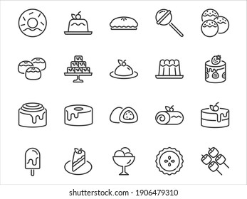 conjunto de postres iconos de línea delgada, panadería, pasteles, dulces, comida