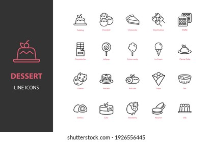 set of dessert thin line icons, cake, sweet, bakery