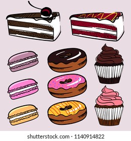 Set of dessert vector icons isolated. Coloful hand drawn cakes, cupcakes, donuts, macarons. Sweet food collection, stylized confectionery illustration.