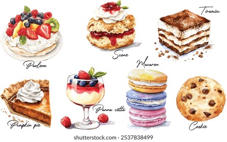 Set of dessert watercolor illustrations. Hand-painted tiramisu, cookie, macaron, pavlova, pumpkin pie, and scone isolated on white background