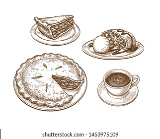 Set of desserts. Apple pie, strudel with ice cream and cup of tea or coffee. Ink sketch isolated on white background. Hand drawn vector illustration. Retro style.