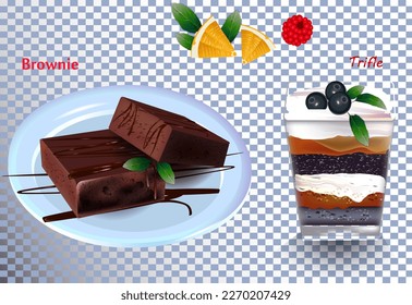 Set of desserts with berries, trifle and cakes. Isolated vector graphics