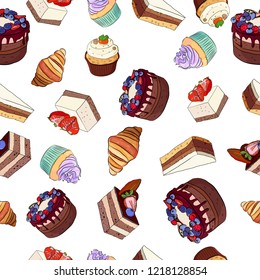 Set of desserts, cake, cake, cupcake, croissant, vector pattern