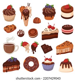 Set Of Desserts With Chocolate And Cocoa. Sweets, Candies, Cakes, Cheesecake, Hot Chocolate, Donut, Cookie, Cupcake, Fruits In Chocolate, Praline. Cartoon Flat Vector Illustration