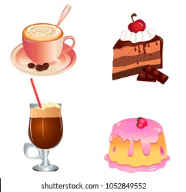 Set of desserts and coffee on a white background. Cappuccino. Chocolate cake. Pudding. Coffee .