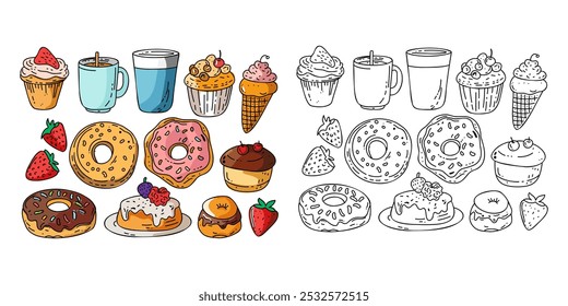 Set of desserts in color and doodle black and white background, hand drawn on a white background
