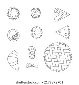 set of desserts, cookies, cupcake, pie, top view, cute stickers, isolated, template