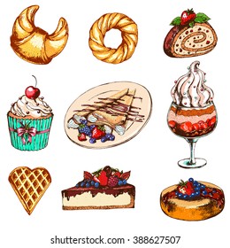 Set with desserts: cupcake, ice cream, sweet roll, cake,pancakes. Hand drawn vector illustration. Dessert in Vintage style.