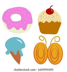 Nachspeisen. Donuts, Kuchen, Kuchen und Eis 