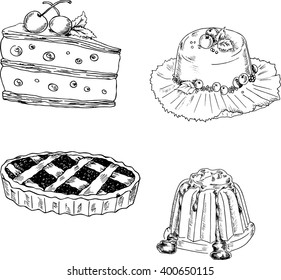 Set of desserts drawn by ink. Pie sketch. Cake sketch. Cartoon jelly. Hand drawn vector illustration.