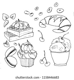 A set of desserts is drawn in a vector. Waffles, fruit, ice cream, croissant, Macaroni Cookies. Tasty breakfast.