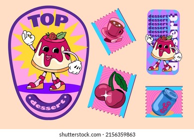 A set of desserts and drinks drawn in a retro style and lined up against a background of colored patterns. Vector stickers for your design.