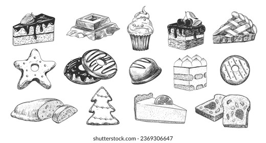 Set of desserts. Hand drawn cake, cheesecake, tiramisu, gingerbread, donuts, apple pie, stollen, cupcake, chocolate. Sketch style collection of sweets isolated in white background. Engraving style