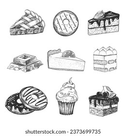Set of desserts. Hand drawn cake, cheesecake, tiramisu, donuts, apple pie, cupcake, chocolate. Sketch style collection of sweets isolated in white background. Engraving style. Slices of cakes