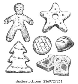 Set of desserts. Hand drawn gingerbread man, bread with dried fruits Sketch style collection of cookie. Gingerbread Christmas tree, star. Sweets isolated in white background. Engraving style