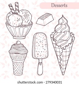 Set of desserts. Hand drawn vector illustration.
