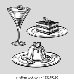 Set of desserts. Hand drawn vector illustration. Retro style.