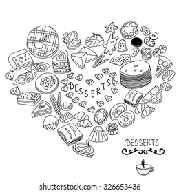 Set of desserts. Hand-drawn .Black and white background.