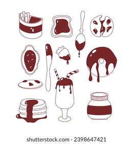 Nachspeisen mit Haselnusscreme. Vektorgrafik-Elemente. Schokoladenstreuung, Pfannkuchen, Donut, Erdbeere, Kekse, Toast, Cocktail