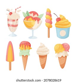 Set of desserts. Ice cream in a glass and in the waffle cone, milkshake, ice cream on stick isolated on white background. Cartoon illustration for restaurant, cafe, confectionery, or website design.