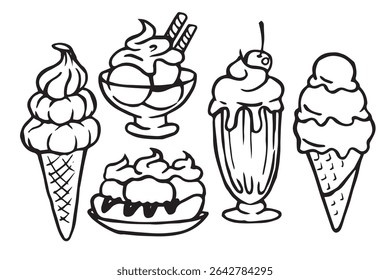 Set of desserts with ice cream. Milkshake, ice cream in a waffle cone, whipped cream. Vector doodle illustration	