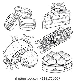 Set of desserts for the menu, line drawing