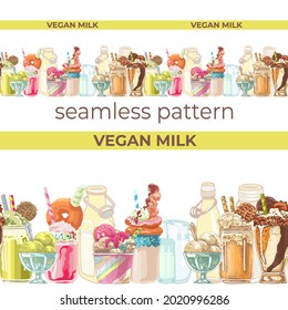 set of desserts, from milk, ice cream, drinks, cocktails, sweets, seamless pattern, text vegan milk