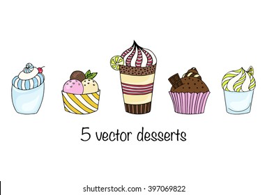 Set of desserts: milk shake, ice cream, cupcake