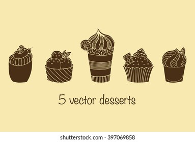 Set of desserts: milk shake, ice cream, cupcake
