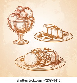 Set of desserts on old paper background. Hand drawn vector illustration. Retro style. 